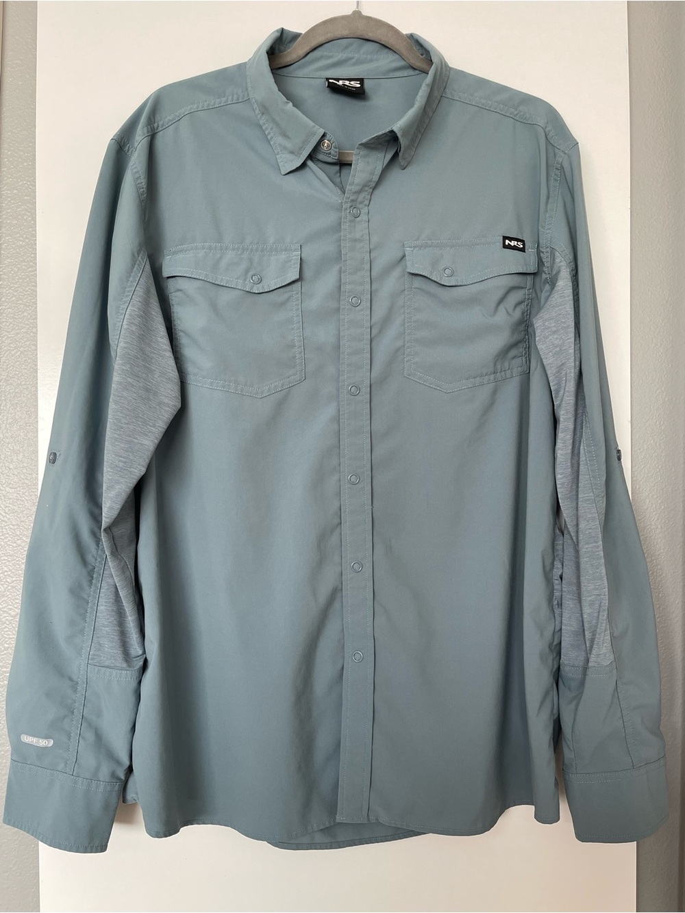 NRS Guide Wear Men’s Large UPF 50 Long Sleeve Fishing Shirt Blue Gray Snap